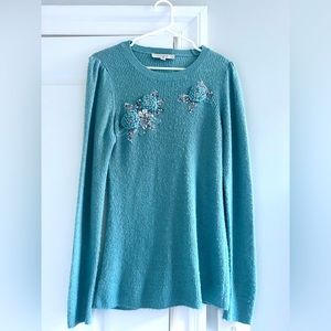 LOFT Teal Floral and Sequined Embroidered Sweater